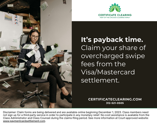 It's payback time. Claim your share of overcharged swipe fees from Visa/Mastercard settlement.